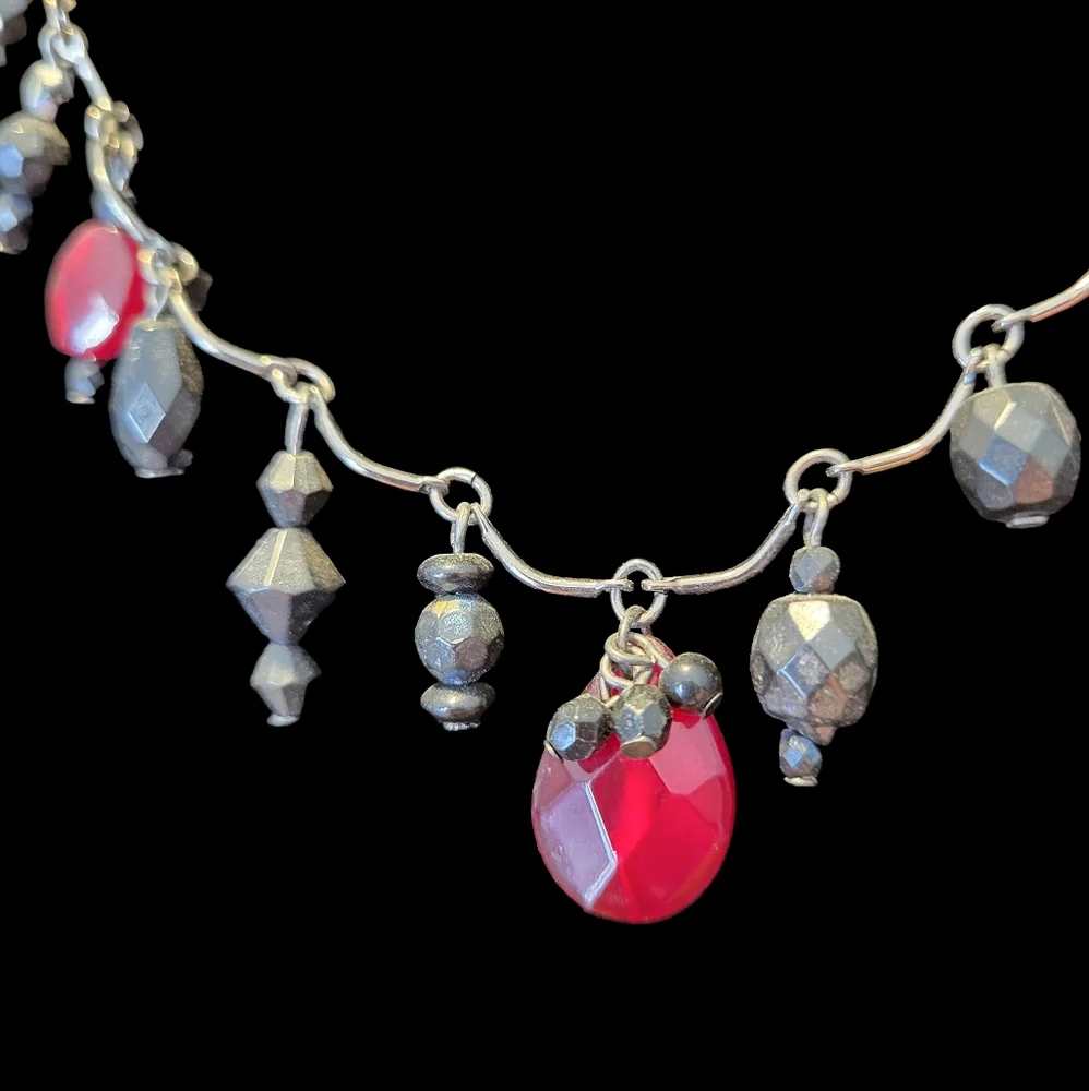Gothic Vine & Bead Red & Gray Charm Choker Necklace
